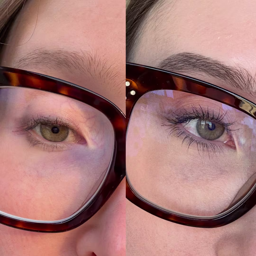 Before and after eyebrow and eyelash growth after 3 months using Opti Laboratories growth treatment